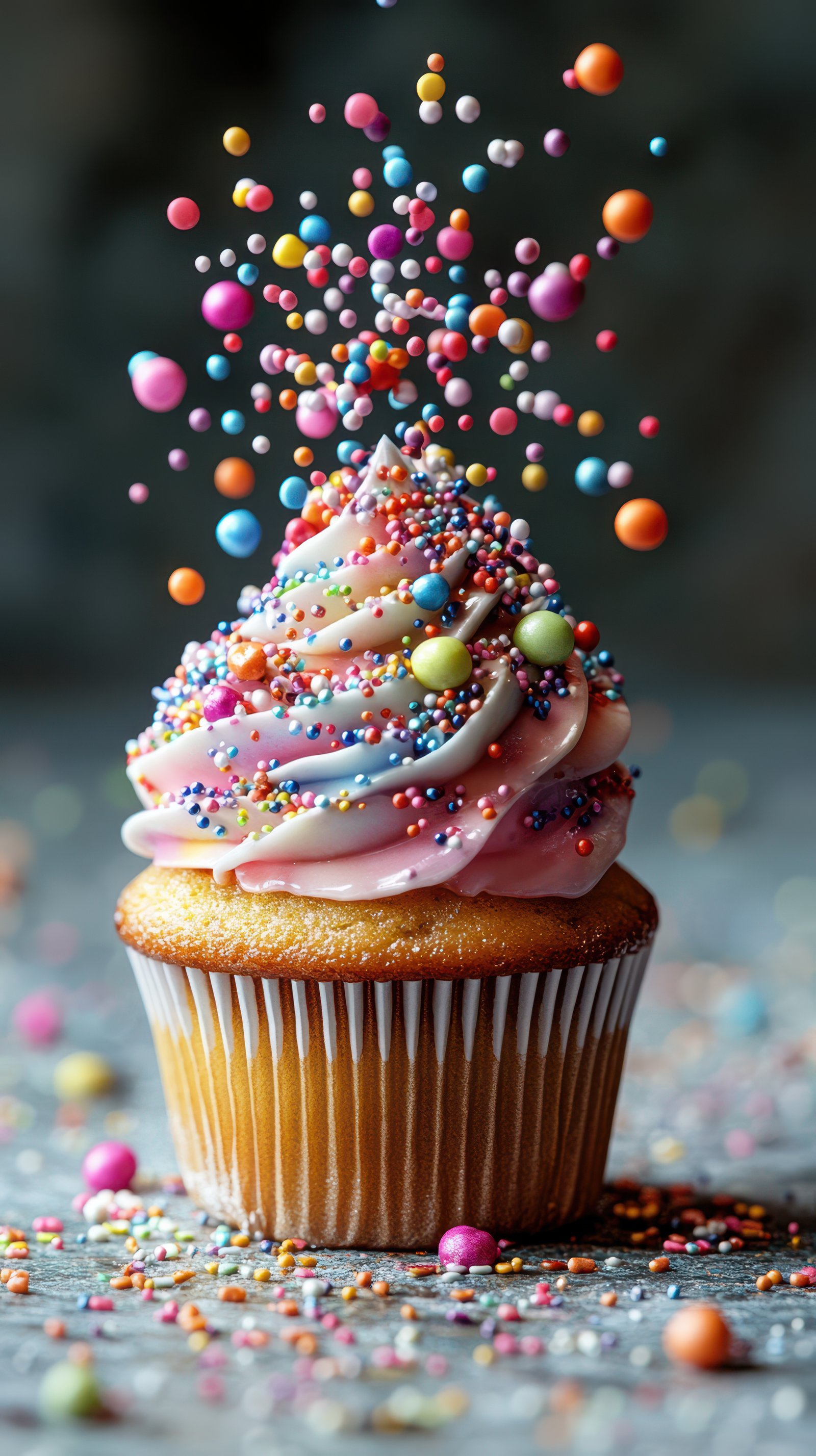 Colorful sprinkles explode above a delicious cupcake decorated with creamy frosting in a cozy bakery setting